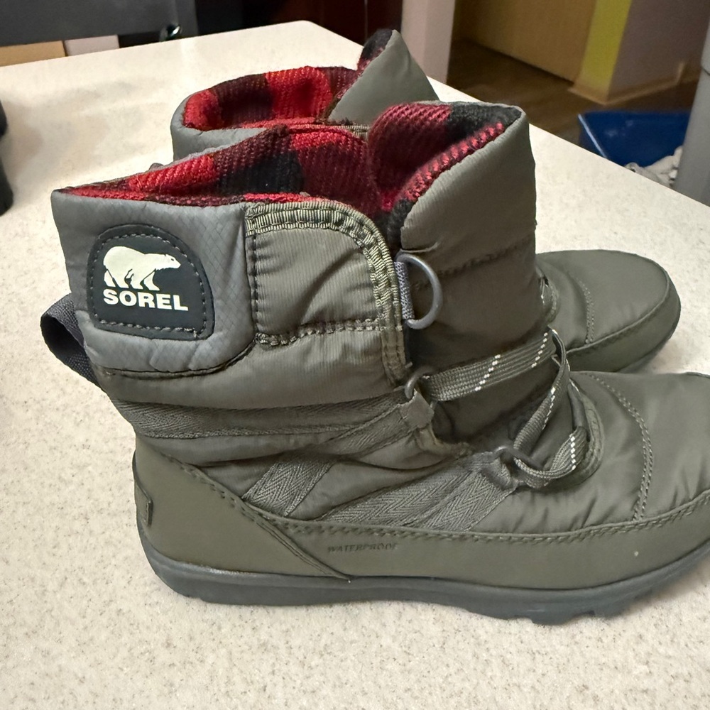 Sorel Olive Boots with Red Plaid Lining